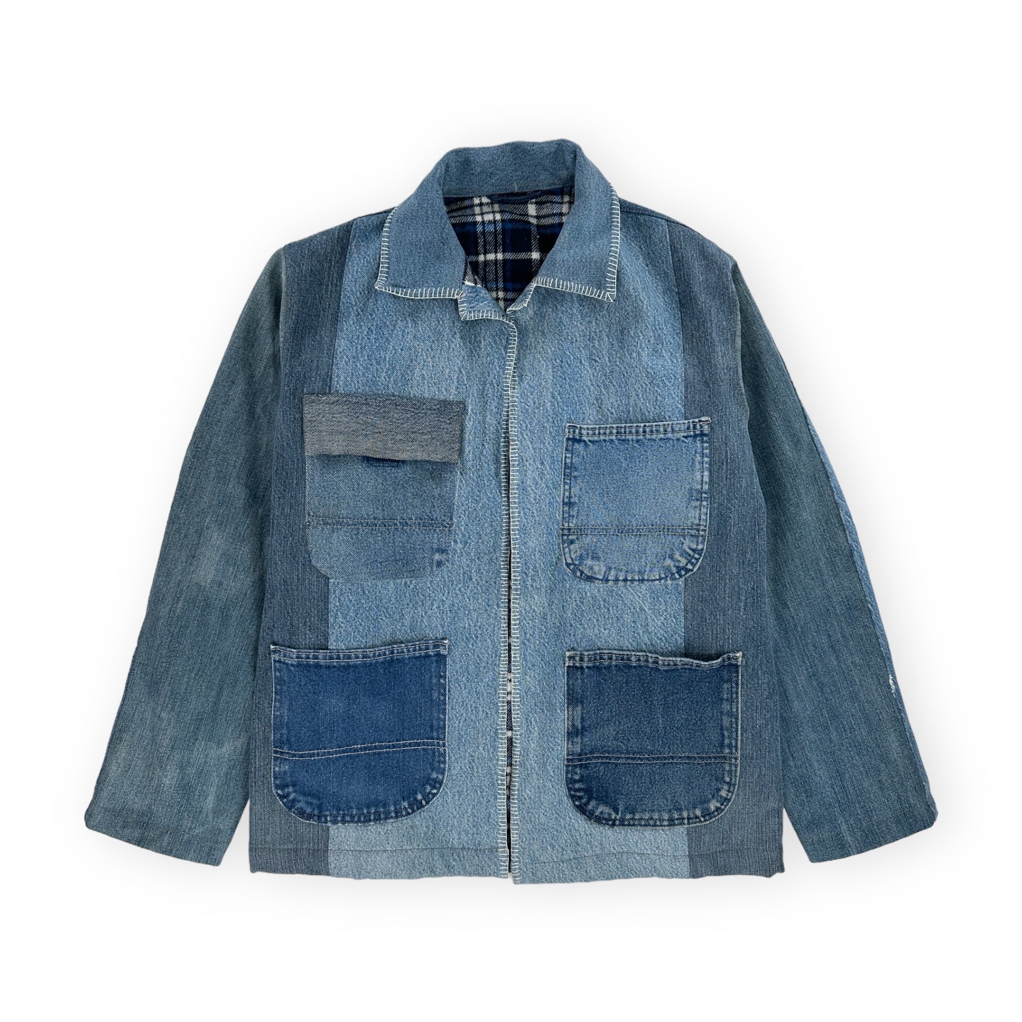 Chore Coat Made From Upcycled Work Jeans - Blanket Stitching - Small Great Lakes Reclaimed Denim