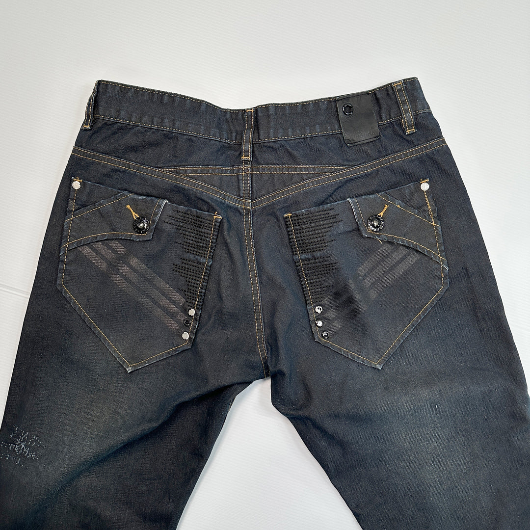 FUSAI Men's Straight Fit Distressed Comfort Blue Jeans - Tagged: 34x30 Actual: 32x28