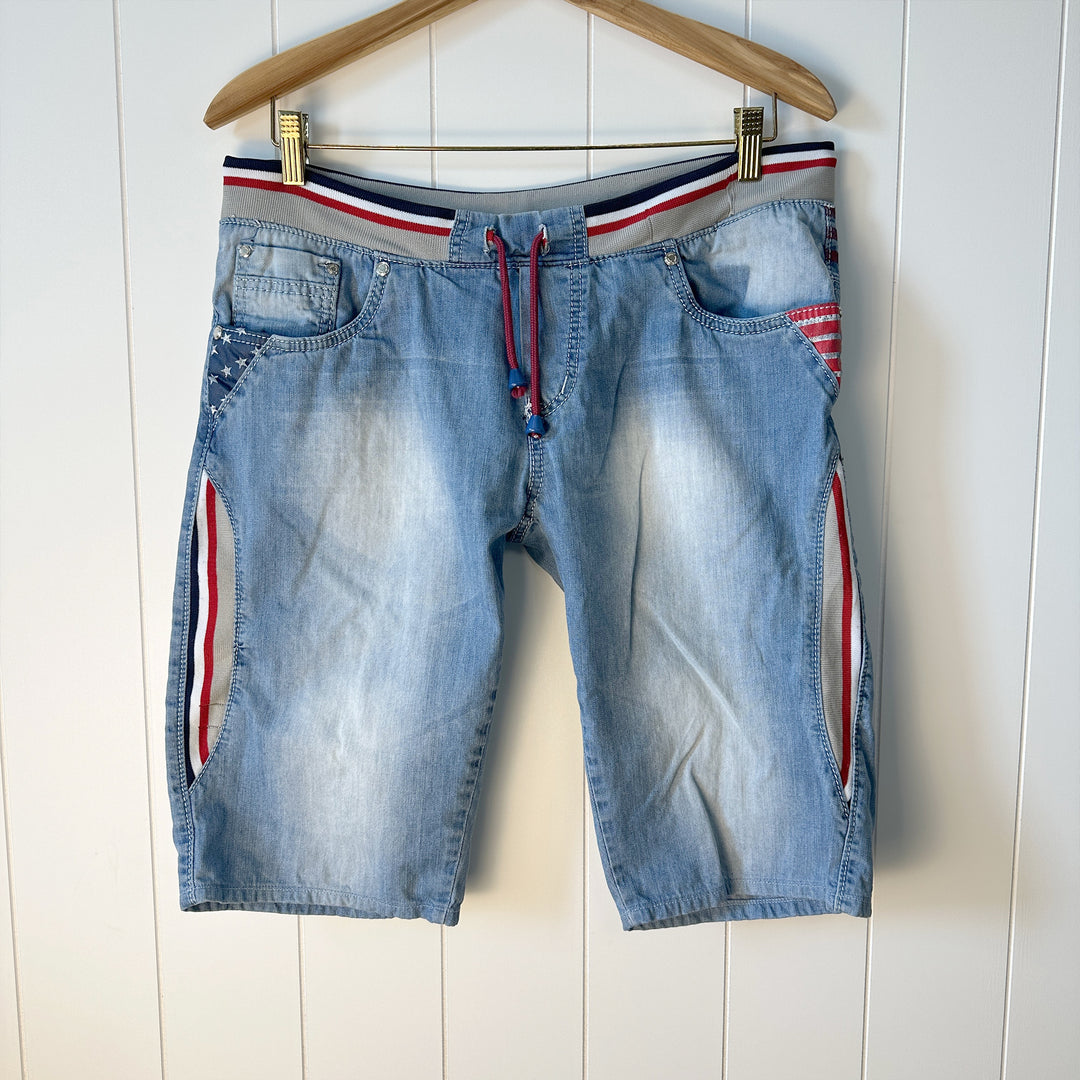 Vintage July 4th Themed Printed Denim Adjustable Drawstring Shorts - M/L