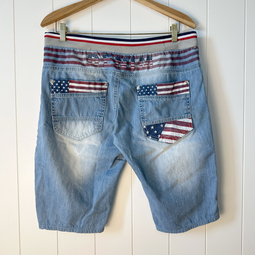 Vintage July 4th Themed Printed Denim Adjustable Drawstring Shorts - M/L