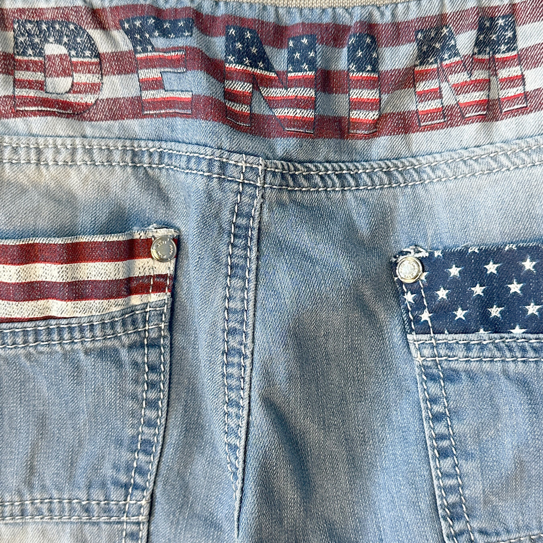 Vintage July 4th Themed Printed Denim Adjustable Drawstring Shorts - M/L