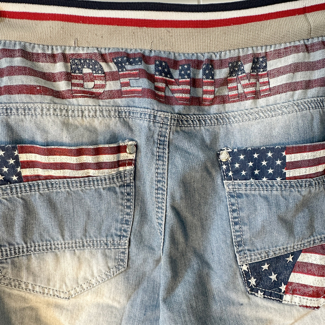 Vintage July 4th Themed Printed Denim Adjustable Drawstring Shorts - M/L