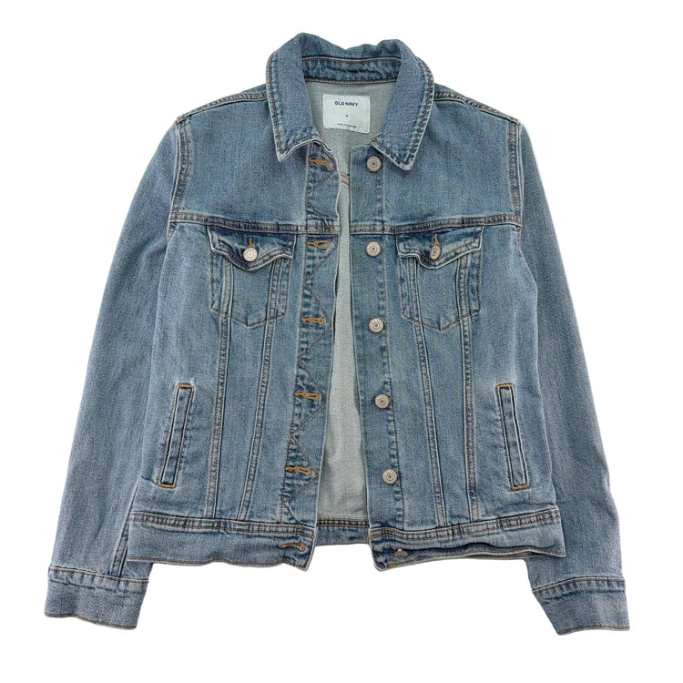 Blue denim jacket on a light gray background
