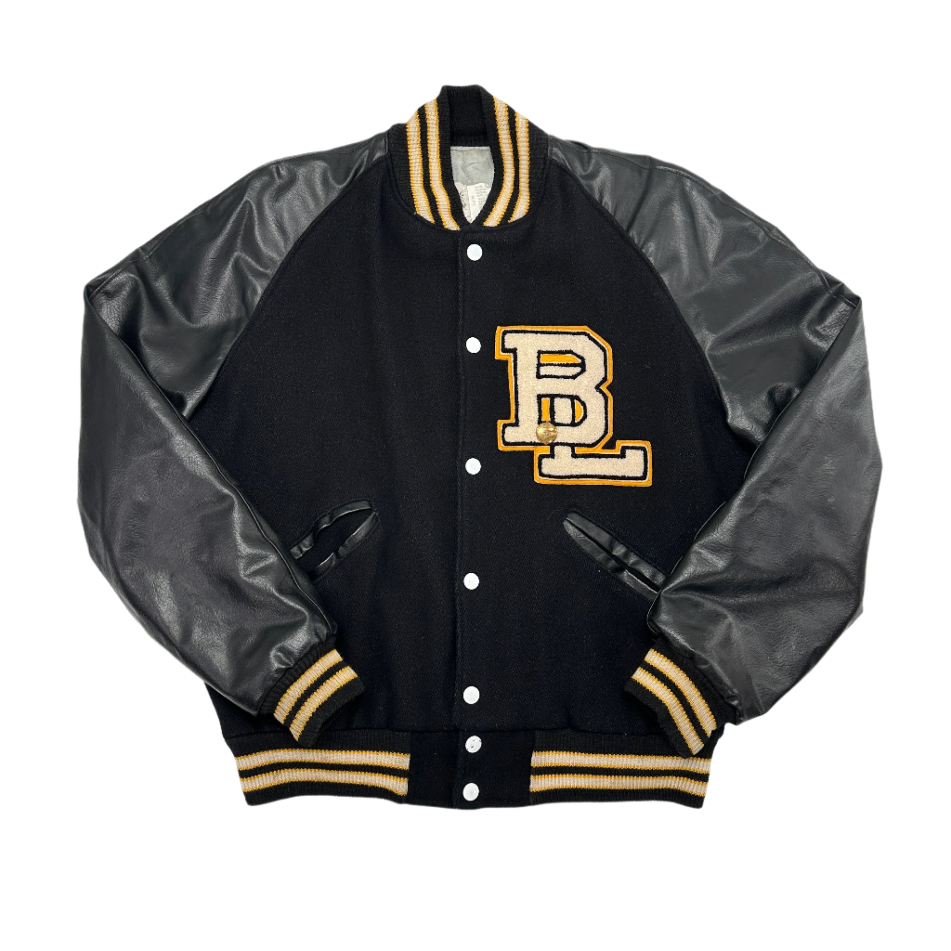 Black varsity jacket with gray sleeves and a gold 'B' logo on a white background