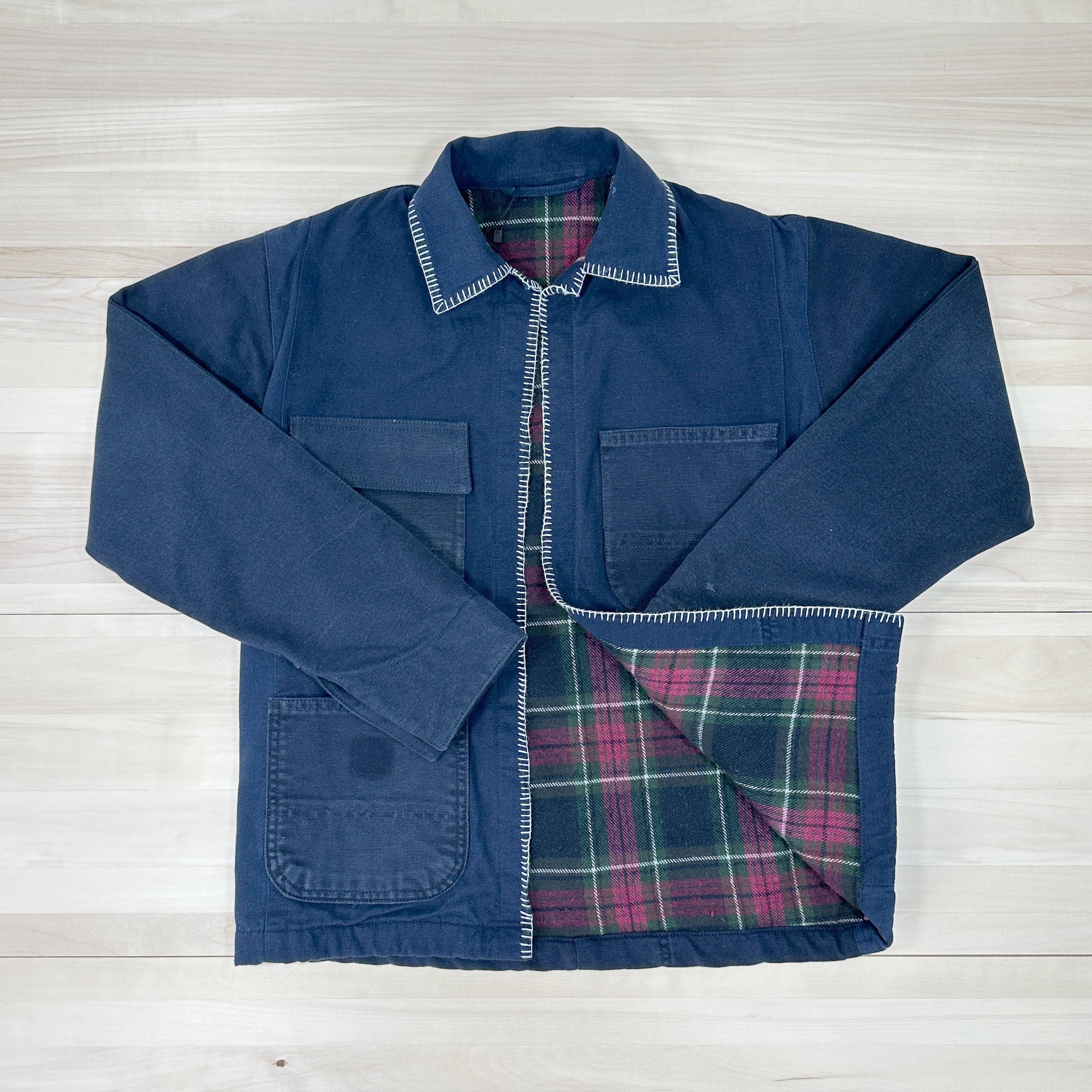 Women's Chore Coat Made From Upcycled Work Jeans - Blanket Stitching - Small Great Lakes Reclaimed Denim