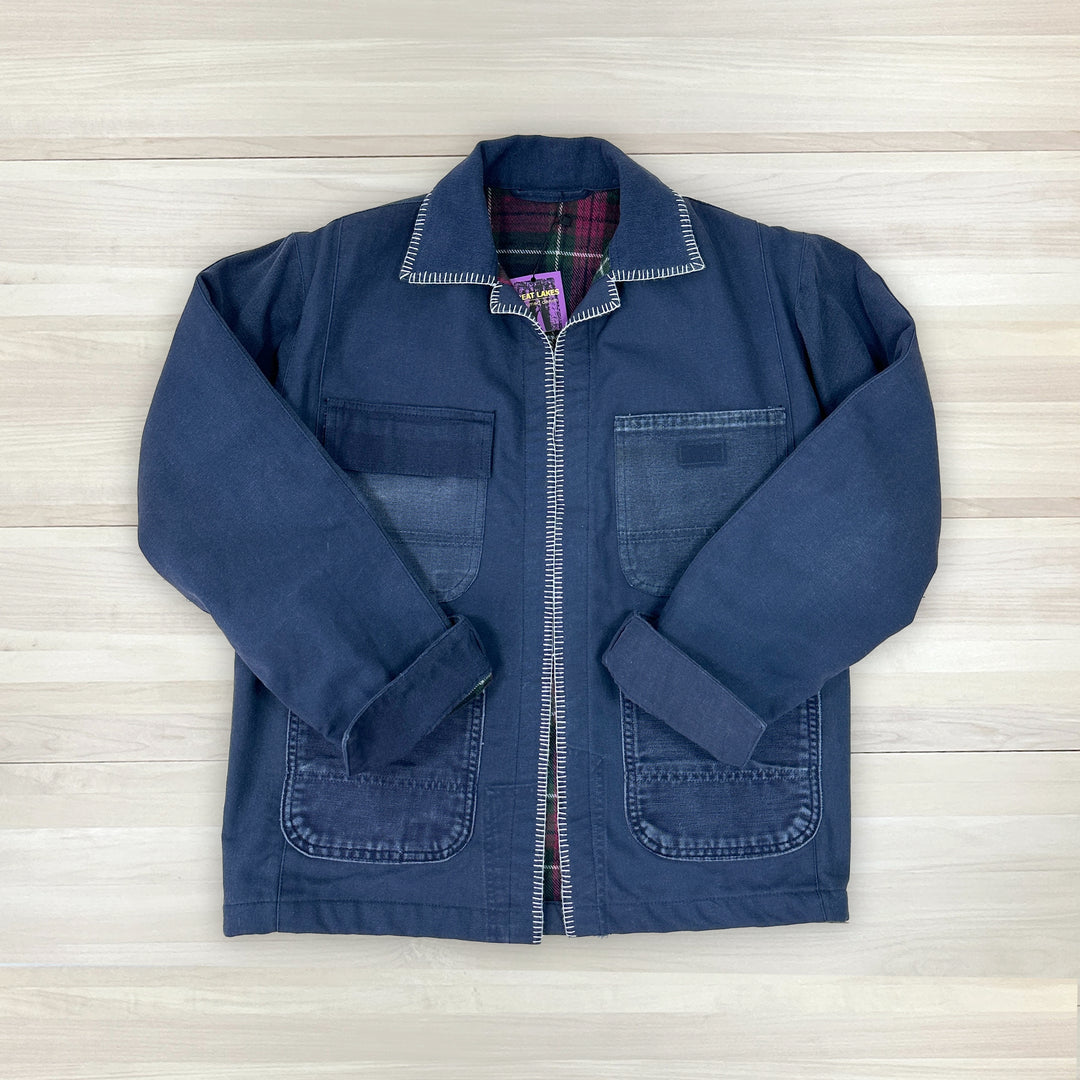 Women's Chore Coat Made From Upcycled Work Jeans - Blanket Stitching - Medium Great Lakes Reclaimed Denim