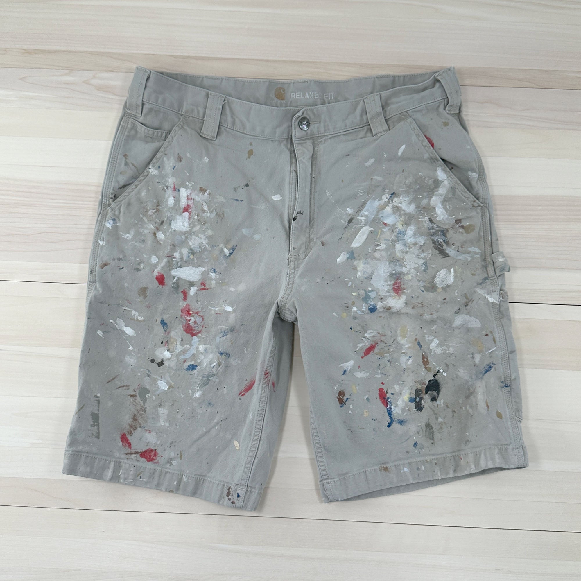 Distressed and Painted Carhartt Shorts - Measures 36x10 Great Lakes Reclaimed Denim