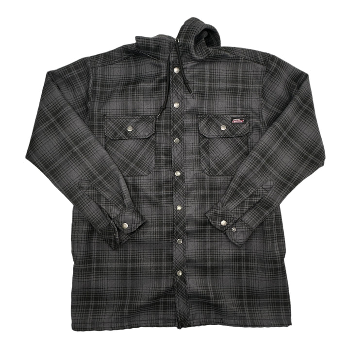 Black and gray plaid shirt on a light gray background