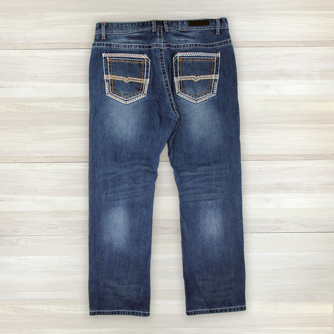 Men's CJ Black Relax Straight Distressed Blue Jeans - Measures 38x31 Great Lakes Reclaimed Denim