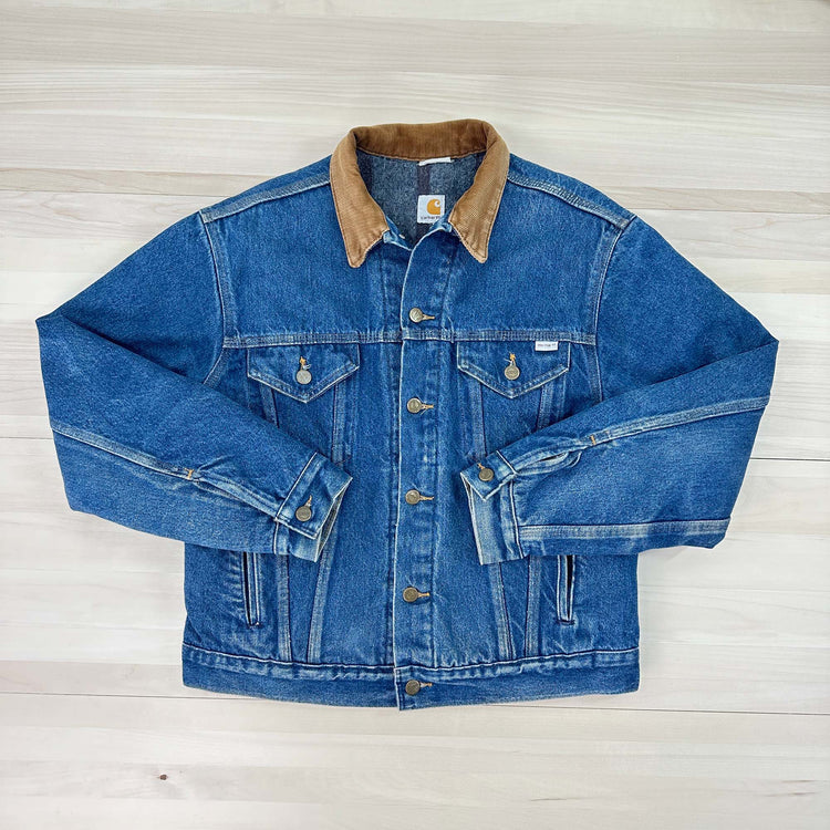 Men's Vintage Carhartt Trucker Jean Jacket From 1989 100 Year Anniversary -S/M Great Lakes Reclaimed Denim