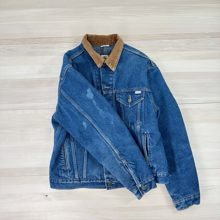 Men's Vintage Carhartt Trucker Jean Jacket From 1989 100 Year Anniversary -S/M Great Lakes Reclaimed Denim