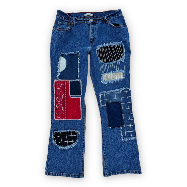 Bandana Patched Reclaimed Levi's 550 Relaxed Boot Cut - Women's 12 Medium Great Lakes Reclaimed Denim