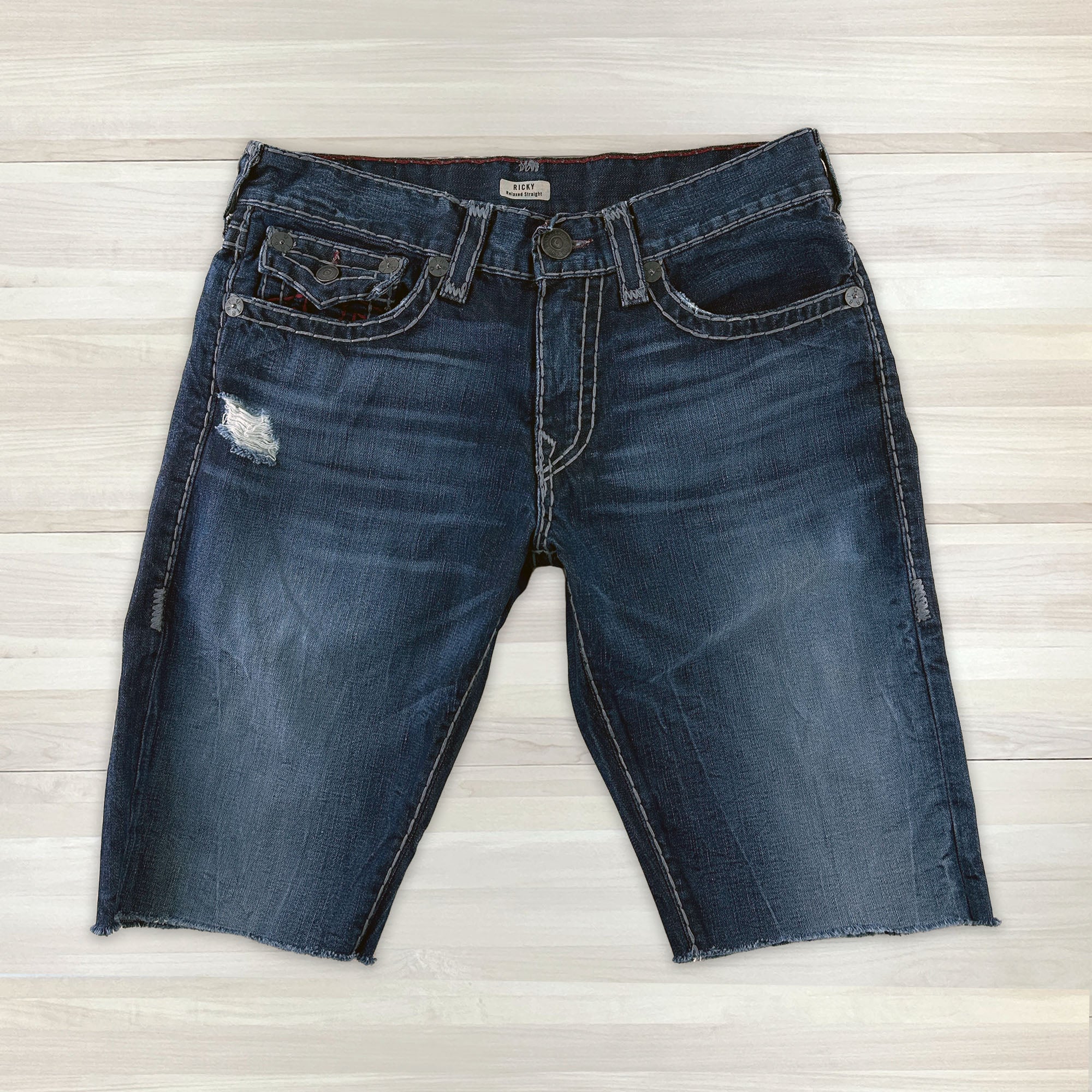 True Religion Ricky Super T Relaxed Cutoff Shorts - Measures 34x13 Great Lakes Reclaimed Denim